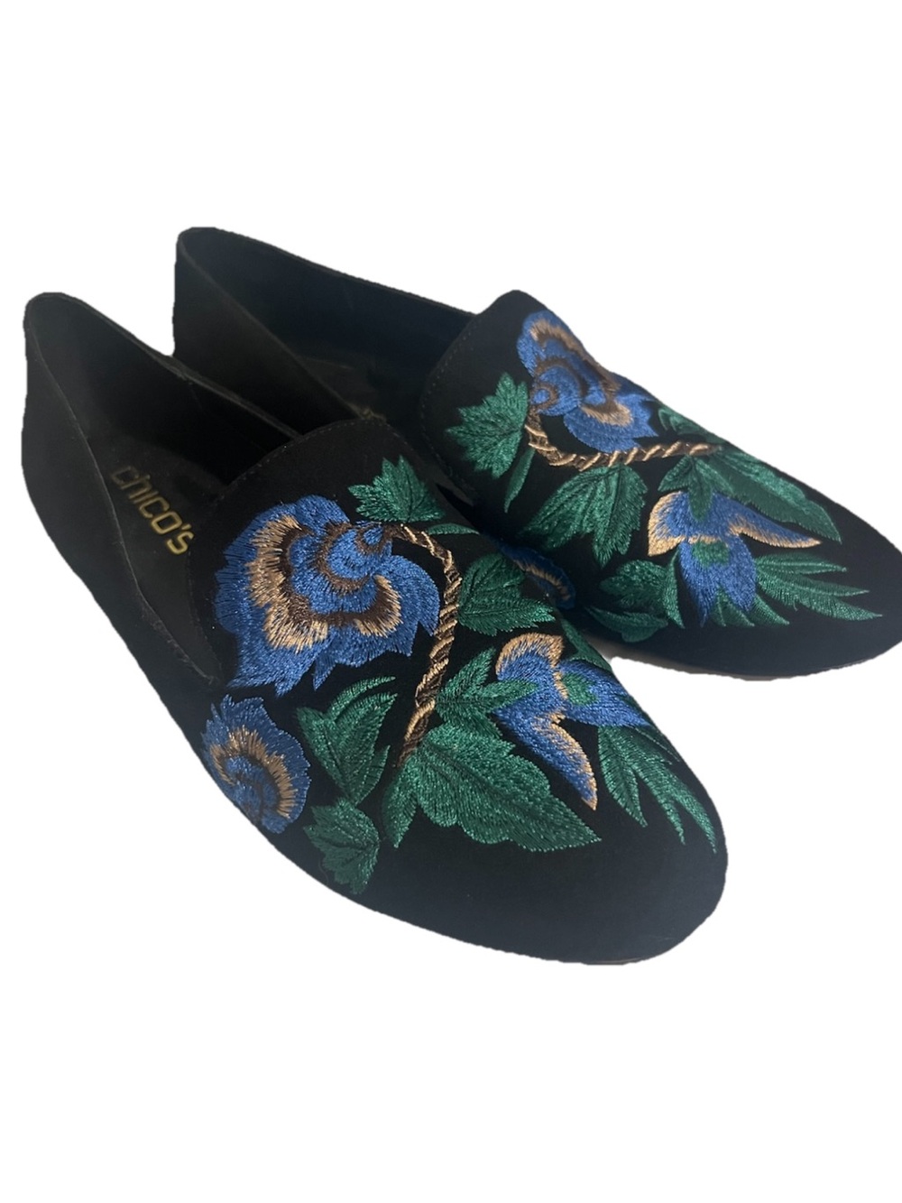 Chico's Black Velvet Embroidered Floral Loafers